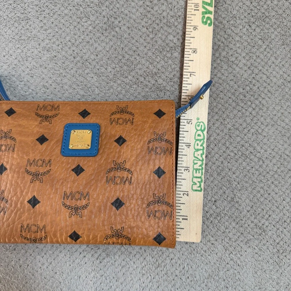 MCM Cognac Visetos Small Pouch Slate Blue Trim NWT MXZ8AXL30